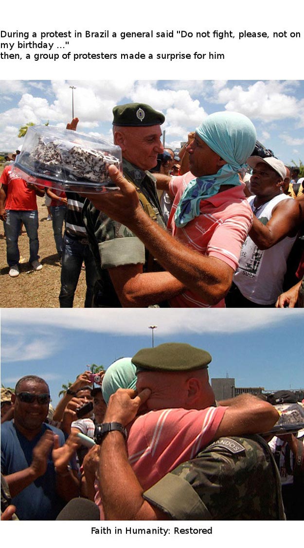 Обмен между манифестантом и солдатом во время протеста в Бразилии